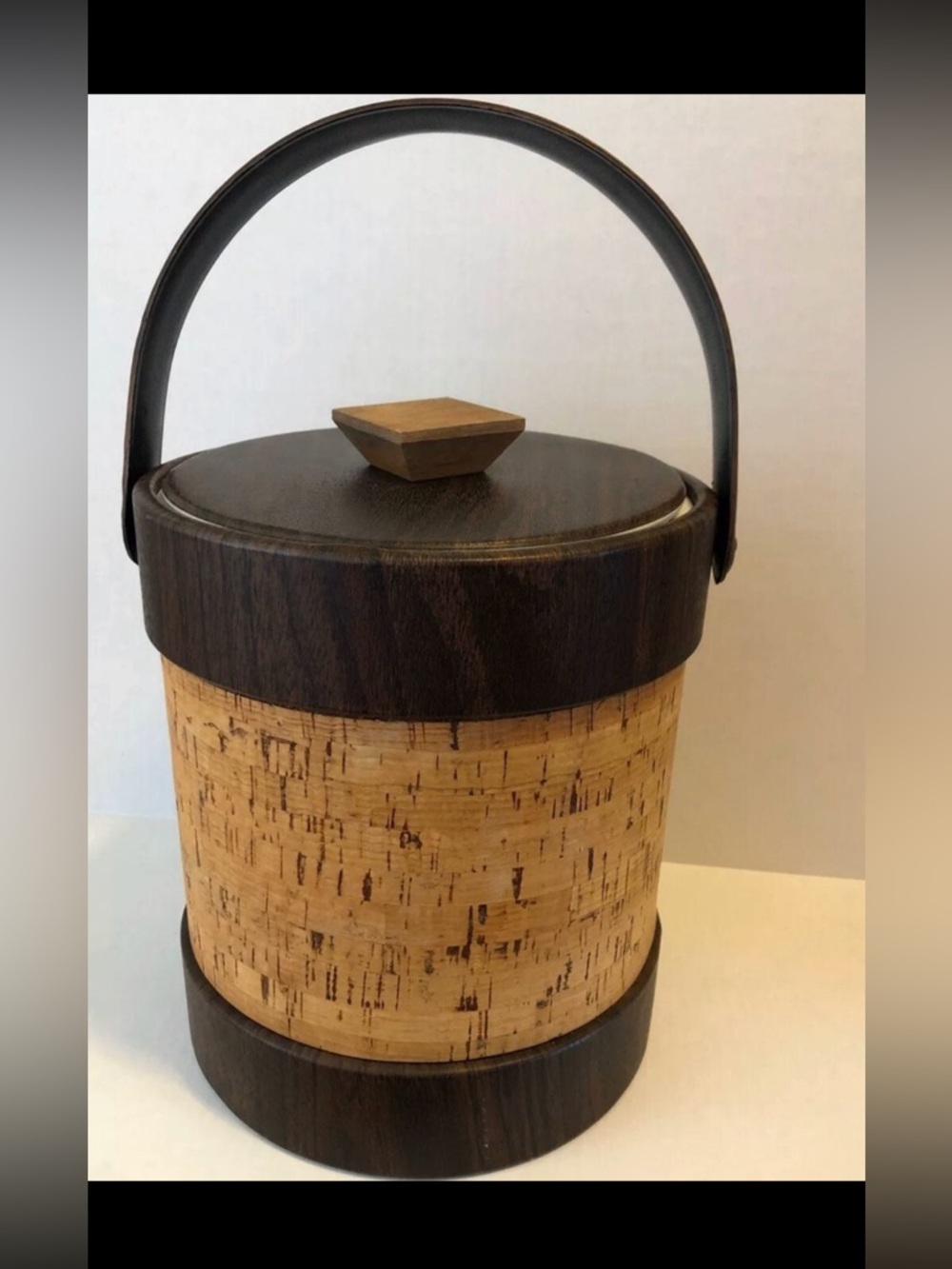 Faux Wood Grain Cork Accent Ice Bucket with Handle - Dark Brown &Natural Vintage